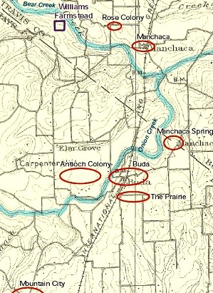 Map of communities in southern Travis and northern Hays counties in the 1870s and 1880s