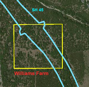 Ariel photo of the 45-acre farmstead property (outlined in yellow)