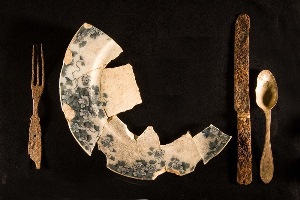 photo of a reconstructed plate of the blue and white transferware dishes found at the farm