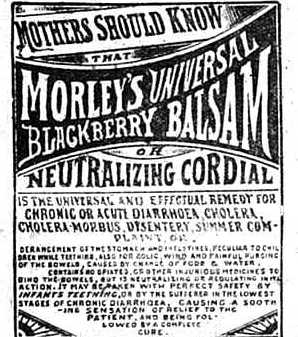 image of an advertisement for Morley's Drugstore, an early Austin retail store, featuring a popular "cure-all" tonic of the late 1890s