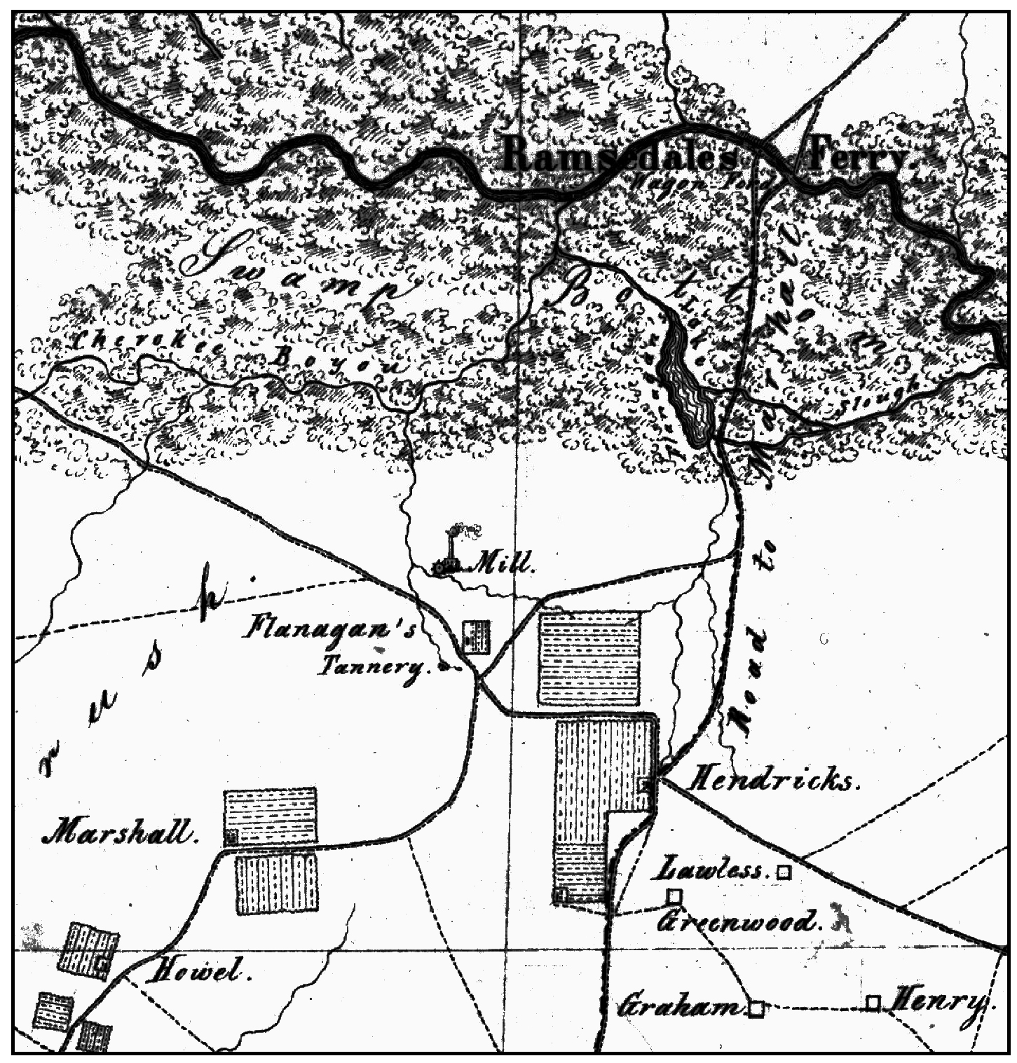 A black and white map from 1863 showing the locations of important natural features and land ownership, such as the Sabine River and towns.