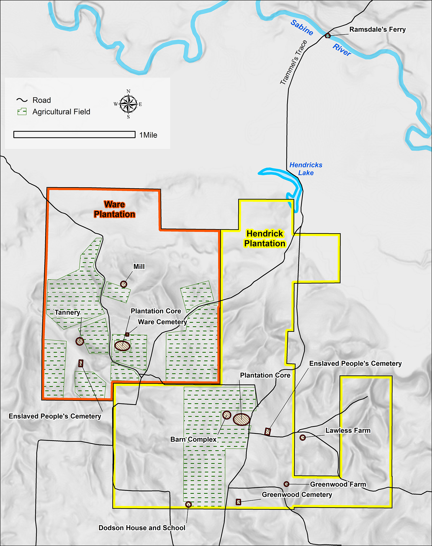 GIS topographic map showing the boundaries of two adjoining plantations, roads, buildings and structures.