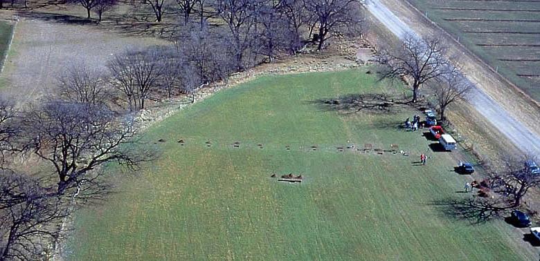 Aerial view of the 1993 Texas Tech test excavations in Judge Lickman's alfalfa field that confirmed it to be the location of Mission San Sabá. 