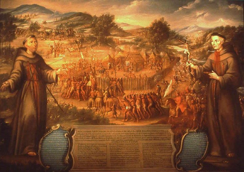 "The Destruction of Mission San Sabá in the Province of Texas and the Martyrdom of the Fathers Alonso de Terreros, Joseph Santiesteban," the first painting by a professional artist of a historical scene in Texas. Painted in 1762, four years after the event, on commission from mining magnate Pedro Romero de Terreros, cousin of the martyred priest and sponsor of the mission.
