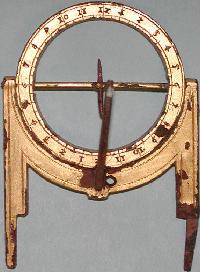 Gold-plated, brass pocket sundial bearing the date 1580 found in a barbeque pit amid the bones of oxen slaughtered and cooked by the victorious Indians. This rare and extremely well preserved artifact was conserved by Dr. Donny Hamilton of Texas A&M University who reports that the brass alloy had a high percentage of copper.