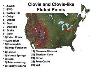Map showing the locations of 23 archeological sites used in the data set for the Clovis geometric morphometric project.