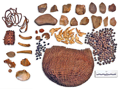 a fiber pouch surrounded by many small object on a white background