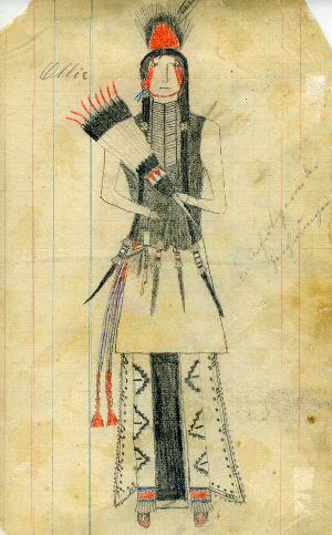 Ledger drawing of elaborately dressed figure, a man clad in beaded leggings and moccasins, short skirt over long loin cloth, vest, hairpipe necklace, face paint, and a feather and scalp headdress