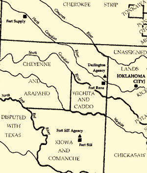 Map of Indian Territory in Oklahoma showing locations of the Kiowa and Comanche with Fort Sill and the Cheyenne and Arapaho reservations