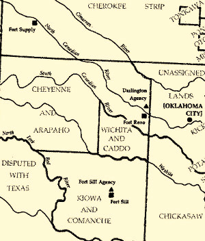 Map of Indian Territory in Oklahoma showing locations of the Kiowa and Comanche with Fort Sill and the Cheyenne and Arapaho reservations