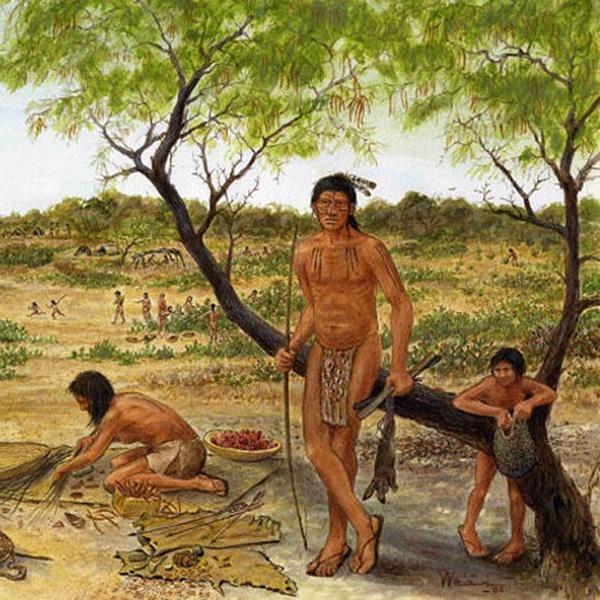 painting of three people at a residential site with a tree in the foreground