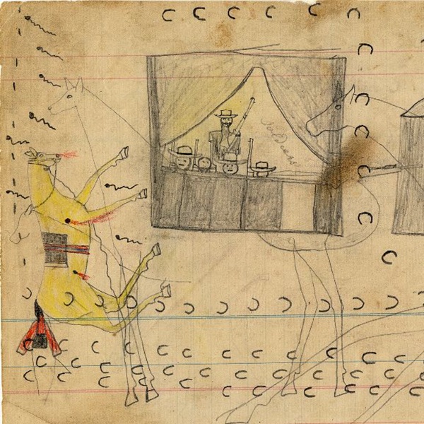 color drawing of yellow horse, horseshoe prints, flying dots, and people in a grey box, on lined paper
