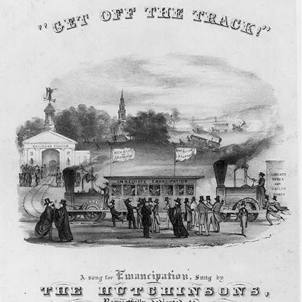  'Get off the Track' sheet music cover image with text and black and white illustration of a train in a town.