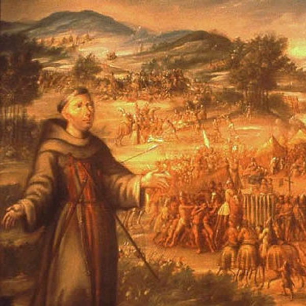 painting of mission with monk in foreground