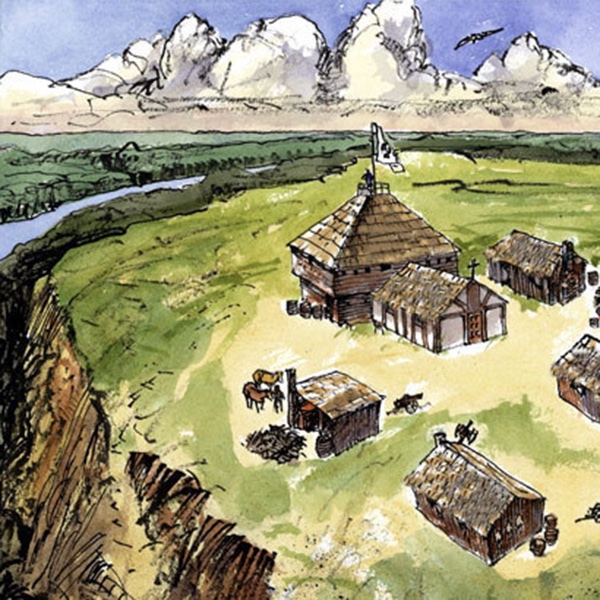 illustration of village on a cliff