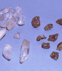 perforated elk teeth and quartz crystals