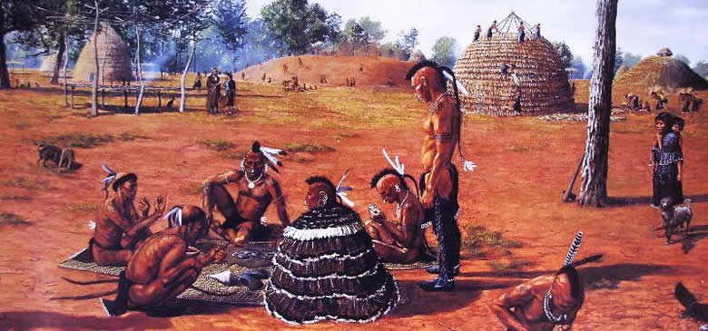 Artist's deptiction of an early Caddo village scene