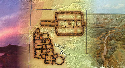 colorful montage of plan-view excavation map with maps and photographs of landscapes in the background