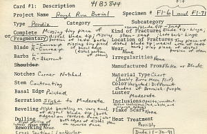 photo of an analysis record card of one of the Rough Run Perdiz points.