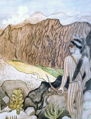 Artist’s depiction of La Junta natives standing atop the walls of their flat-topped pueblo to watch the arrival of Spanish explorers