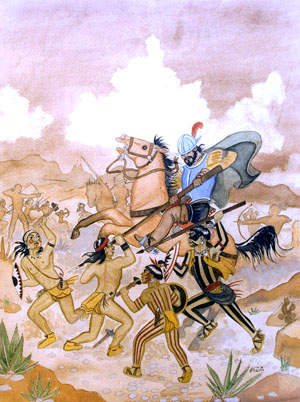 Artist’s depiction of a pitched battle between Spanish horsemen and the native peoples of La Junta