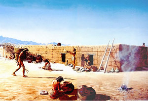 Mural by George Nelson depicting daily life at Firecracker Pueblo
