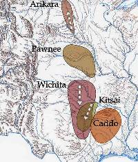 map of approximate areas where the various Caddoan languages were spoken