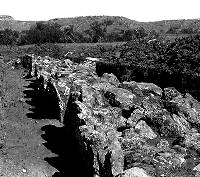 B&W photo of low rock wall with trees and mesa top in background.