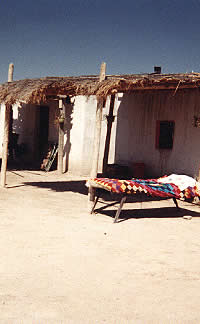 Photo of bed with quilt outside, in front of a structure