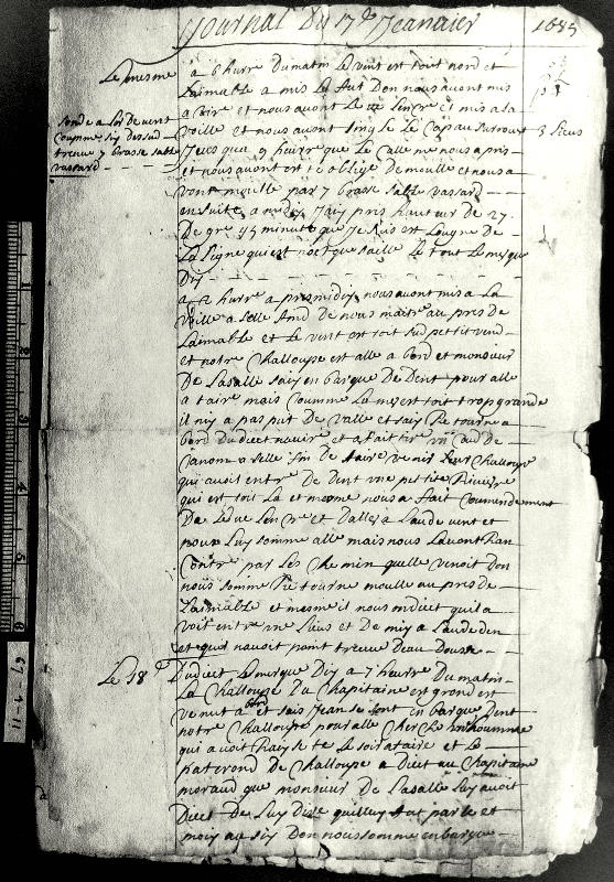 image of a page from the log book of La Belle, dated January 17, 1685
