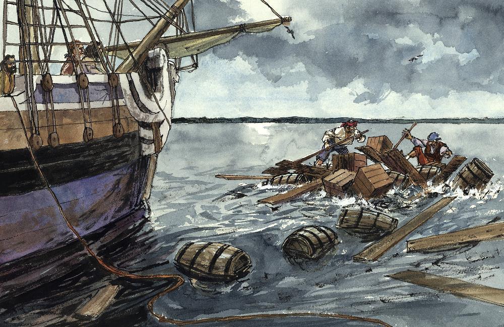 painting illustrating sailors struggling to leave the wrecked La Belle on makeshift rafts following the storm.