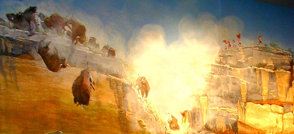 A successful Bison "Jump" at Bonfire Shelter, ca. 10,000 BC. Mural by Nola Davis, courtesy of Texas Parks and Wildlife Department.