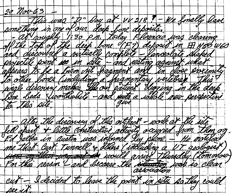 Dave Dibble's journal entry for November 20, 1963, the day the first Plainview point was found in Bone Bed 2.
