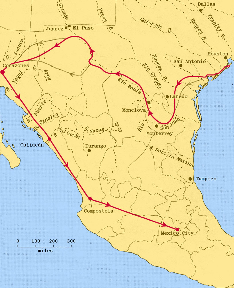 map of the Transcontinental route of Cabeza de Vaca