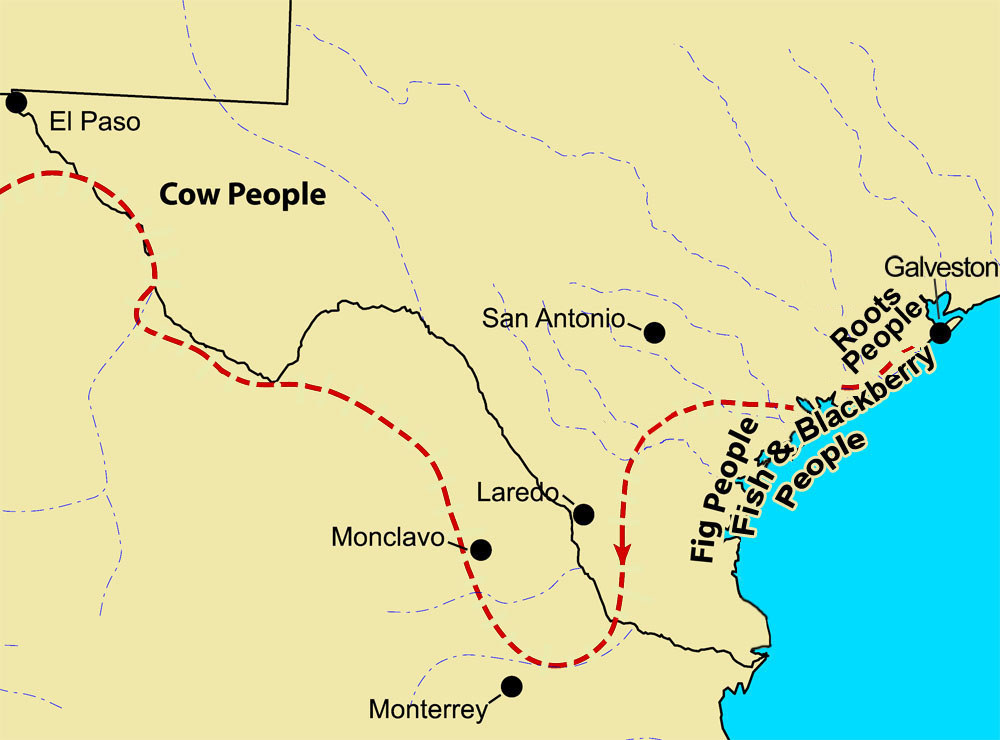 illsutration of Cabeza's route through Texas