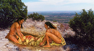 color photo of vista from a plateau with painting of two people croched down near a fabric wrapped object superimposed on the photo