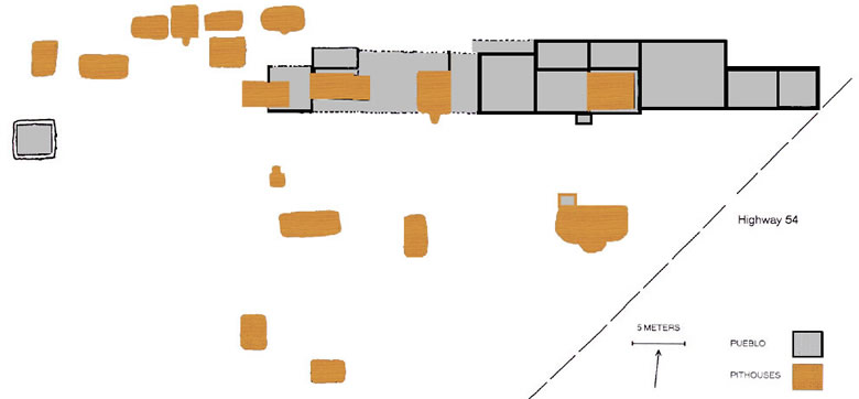 Seventeen pithouses, here shown in orange, were discovered at Firecracker Pueblo. These appear to have been occupied early in the site's history, probably by the same people who built the pueblo.