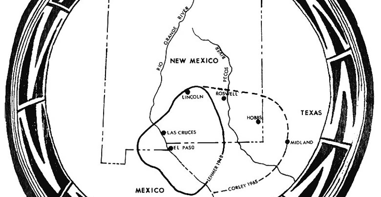 This map shows the core area of the Jornada Mogollon as defined by archeologist Donald J. Lehmer in 1948. The dashed line shows the area sometimes known as the "Eastern Jornada" where other Mogollon-related pithouse villages and small pueblos are found that share many similarities. Courtesy of Pat Beckett.