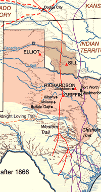Map of forts, roads and trails after 1866 in the Prairie-Plains region.