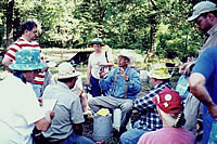 Mike Collins gives participants in the 2001 TAS Field School an overview of Clovis technology.