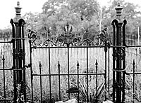 Ornate detailing of the gate on the wrought-iron enclosure is similar to graveyard furnishings in Fredericksburg and other German Hill Country communities. Photo by Susan Dial.