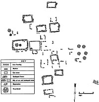 Plan map of cemetery drawn by TARL archeologists during survey. Some 30 graves may lie in the cemetery, based on size of the rock-walled enclosures and other evidence of individual burials. 