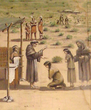 illustration of Spanish priests began converting the Mansos, Sumas, and Janos of El Paso to Christianity