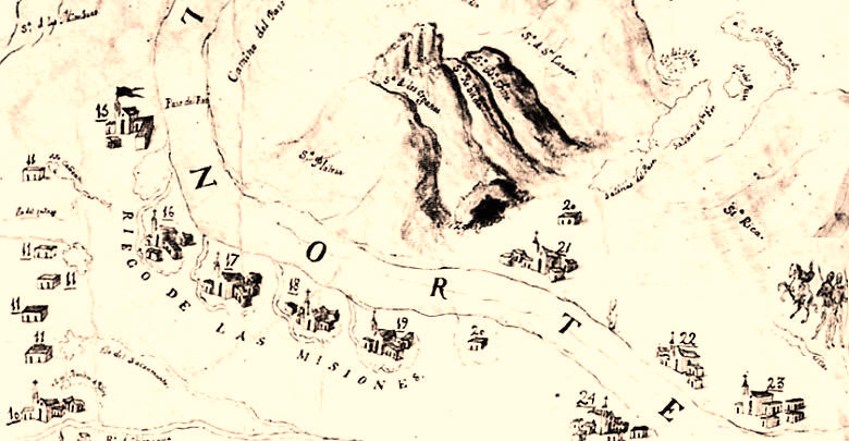 Inset from ca. 1740s map of New Mexico showing missions, presidios, and settlements along the Rio del Norte and El Paso valley 