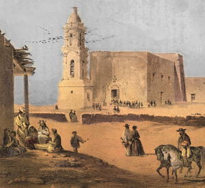 “The Plaza and Church of El Paso,” painted by artist A. de Vauducourt during the 1850s