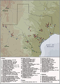 Map of Spanish Texas, with locations of missions, presidios, and settlements