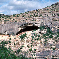 Hinds Cave is located on a side canyon off the Pecos River. It was excavated by archeologists from Texas A&M University in the 1970s. Photo by Phil Dering.