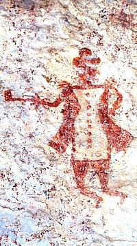 Close up of pictograph of European man, probably a Spaniard, at Vaquero Alcove. This was obviously painted by an Indian who had personally witnessed the man. This style shares strong similarities with the Plains Bibliographic style. Photo from ANRA-NPS Archives at TARL.
