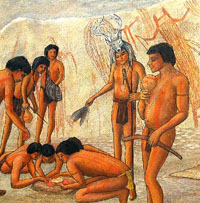 Participants in a ritual anoint themselves with red paint. The scene is a rockshelter in the Lower Pecos as envisioned by artist Reeda Peel.