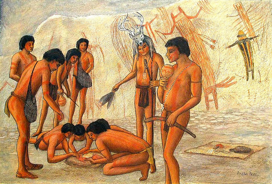 painting of hunter-gatherers standing in rockshelter with painted walls, some people are standing while others are crouching around metate on floor